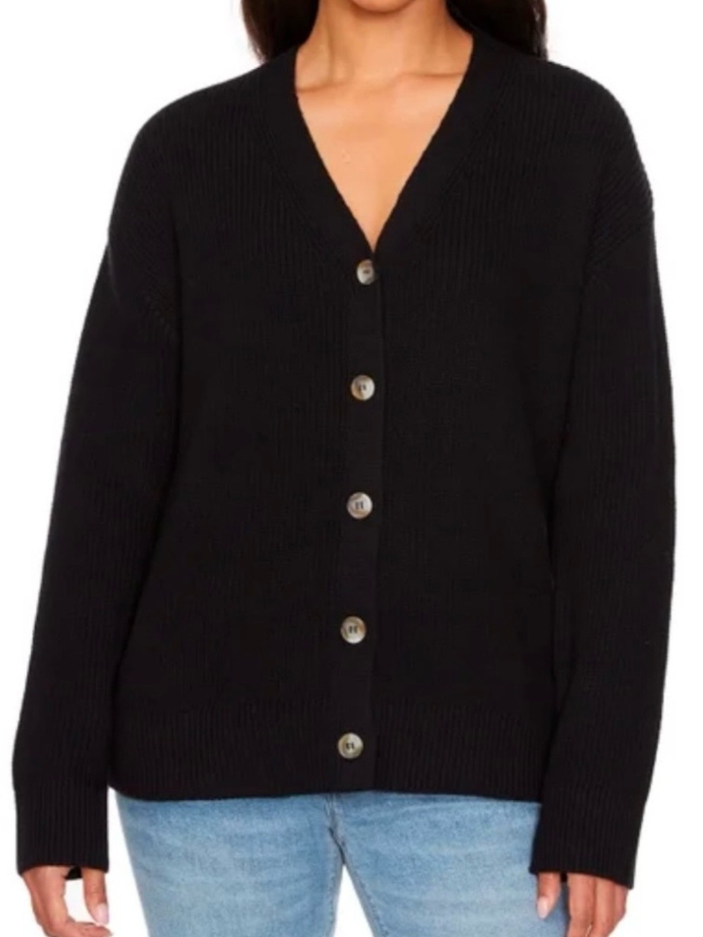 Hudson slouchy black V-neck button up long sleeve preppy knit sweater cardigan L